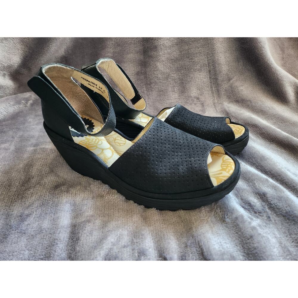 FLY London Perforated Leather Wedge Sandals – Yula, size 7.5